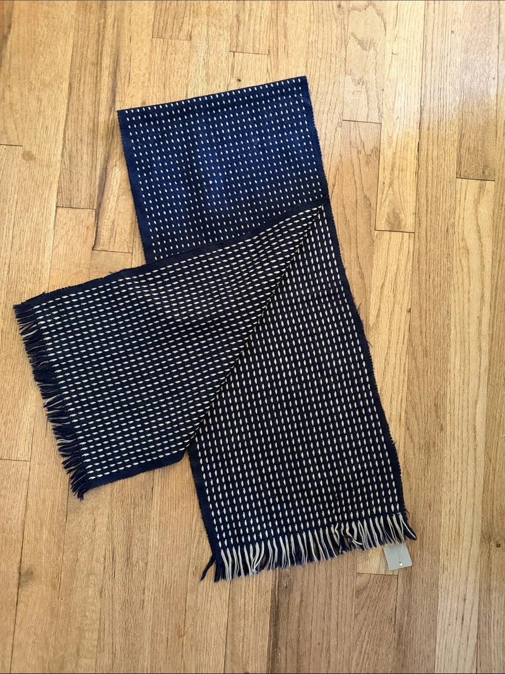 Men's Navy Wool Woven Fringe Scarf Classic Pattern